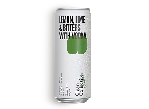 Alcohol can with 'Lemon, Lime & Bitters with Vodka' text on a white background